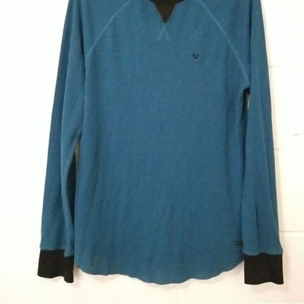 TRUE RELIGION Logo Waffle Knit‎ Raglan Crew Shirt Long Sleeve Mens L Aqua Blue